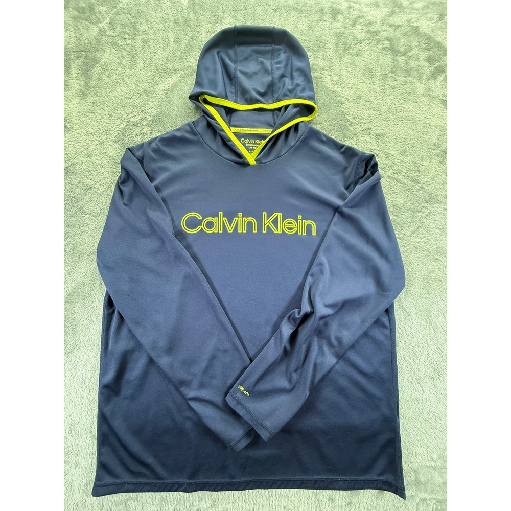Calvin Klein Swimwear Mens Large Navy Blue Neon Yellow UPF 40+ Hooded Rash Guard